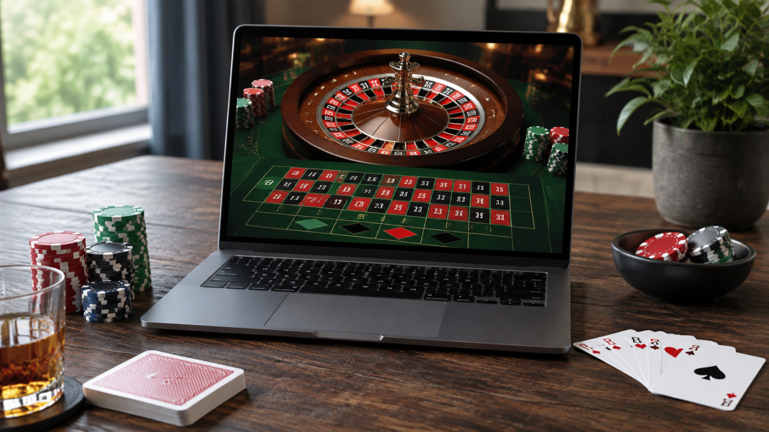 An online casino Singapore Guide to Games and Safer Choices Laptop displaying an online casino roulette game beside playing cards and casino chips
