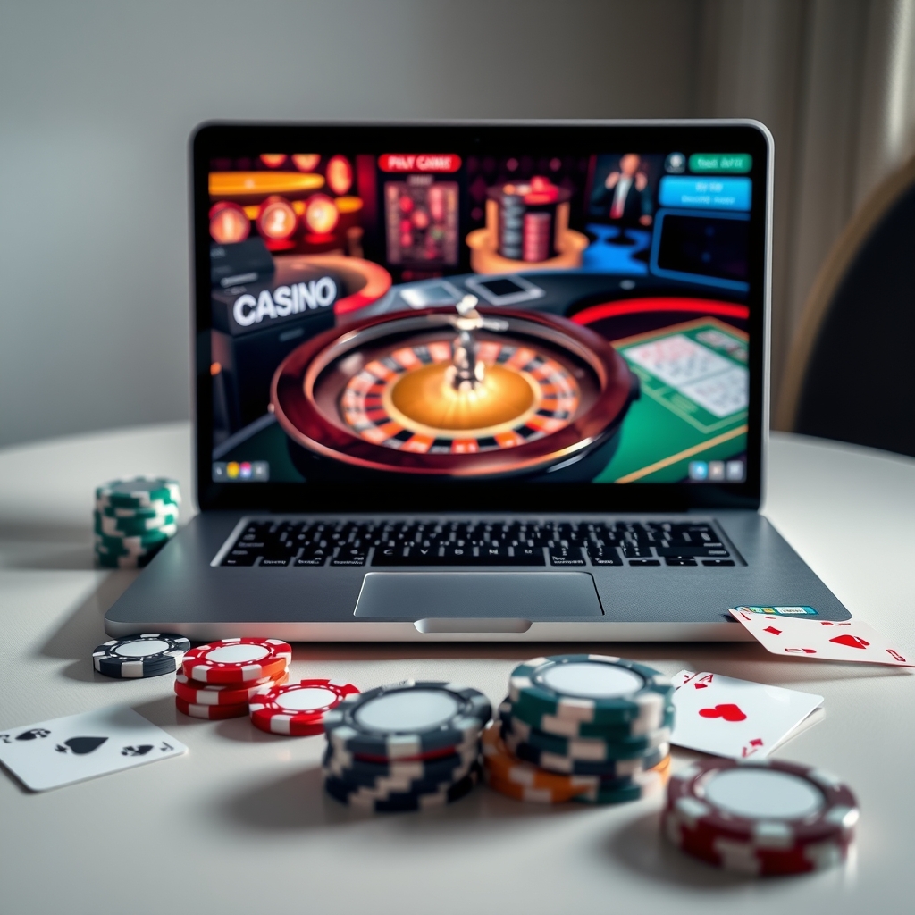 An online casino Singapore Guide to Informed Choices Laptop showing an online casino roulette game beside playing cards and casino chips