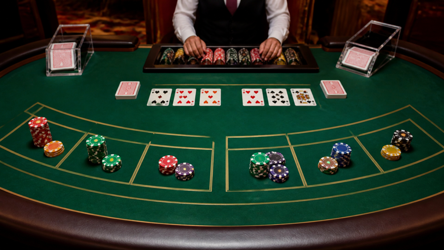 Bàn baccarat trong casino với bài tây, phỉnh và khu vực đặt cược