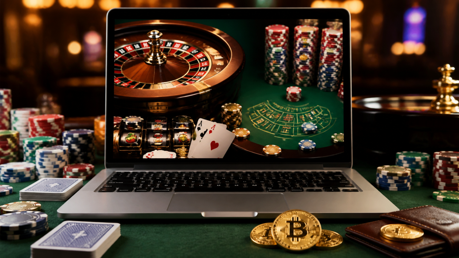 Best Online Crypto Casino: What Players Should Look For Online crypto casino gaming on a laptop with casino chips and payment elements