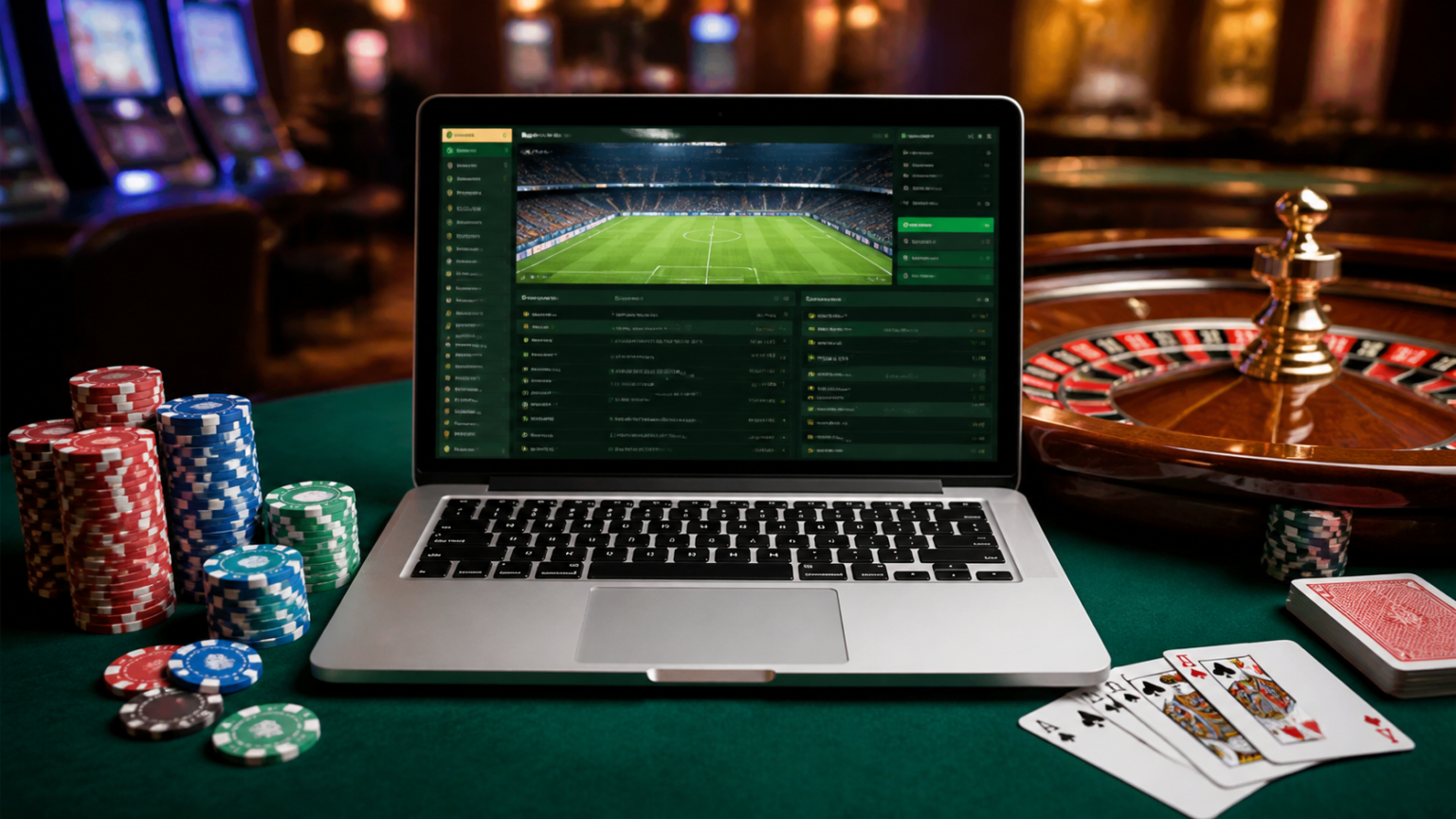 Online betting platform on a laptop with casino chips and roulette wheel