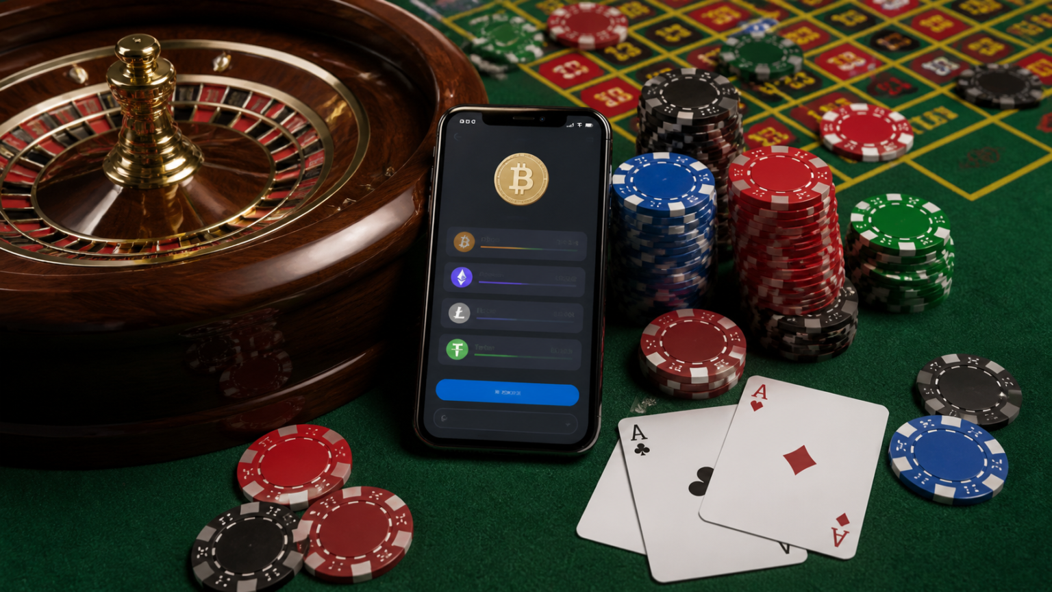 Roulette table and cards beside a phone showing a generic cryptocurrency wallet