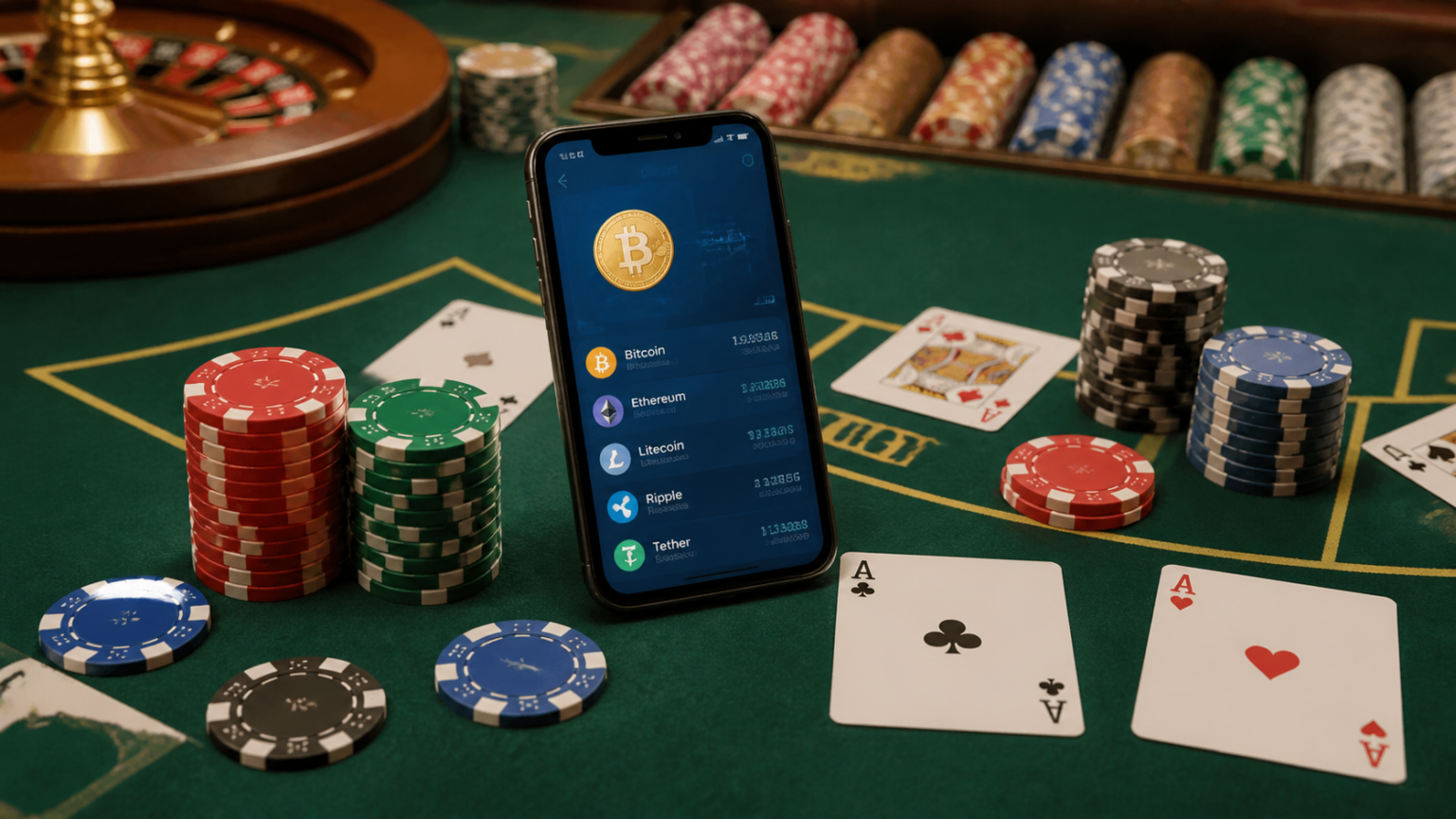 オンラインカジノのルーレットを楽しむための基礎知識 Casino gaming table with phone and chips for crypto casino Singapore