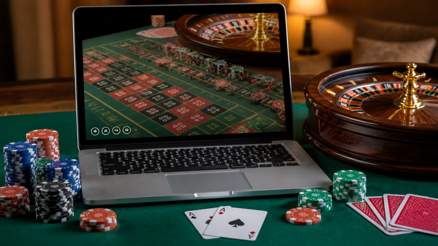 Top Online Casinos: A Guide to Security, Fair Play, and Responsible Gaming ภาพเกมคาสิโนออนไลน์บนหน้าจอแล็ปท็อปพร้อมชิปและไพ่