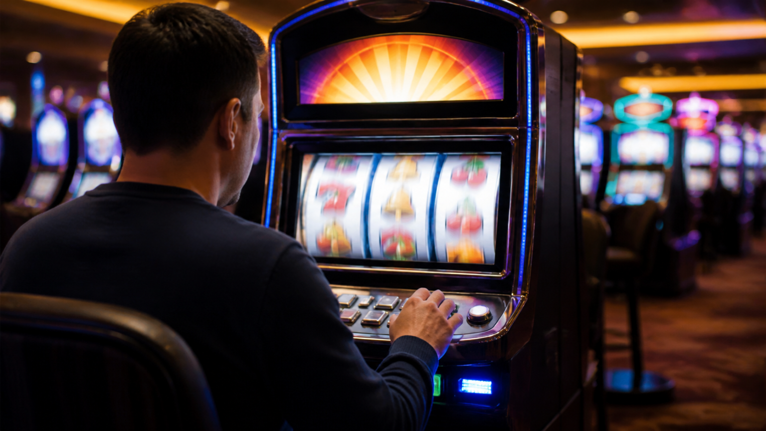 Máy nổ hũ với các cuộn biểu tượng trong không gian trò chơi casino