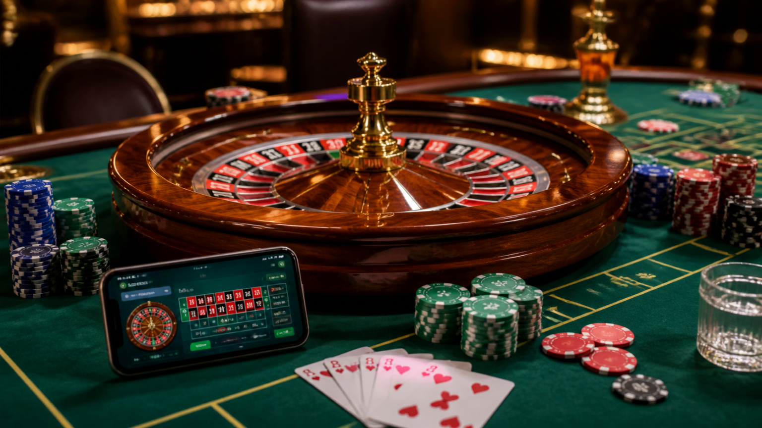 How Online Betting Sites Shape the Modern Games Experience Casino table with cards, roulette, and a smartphone showing online betting sites