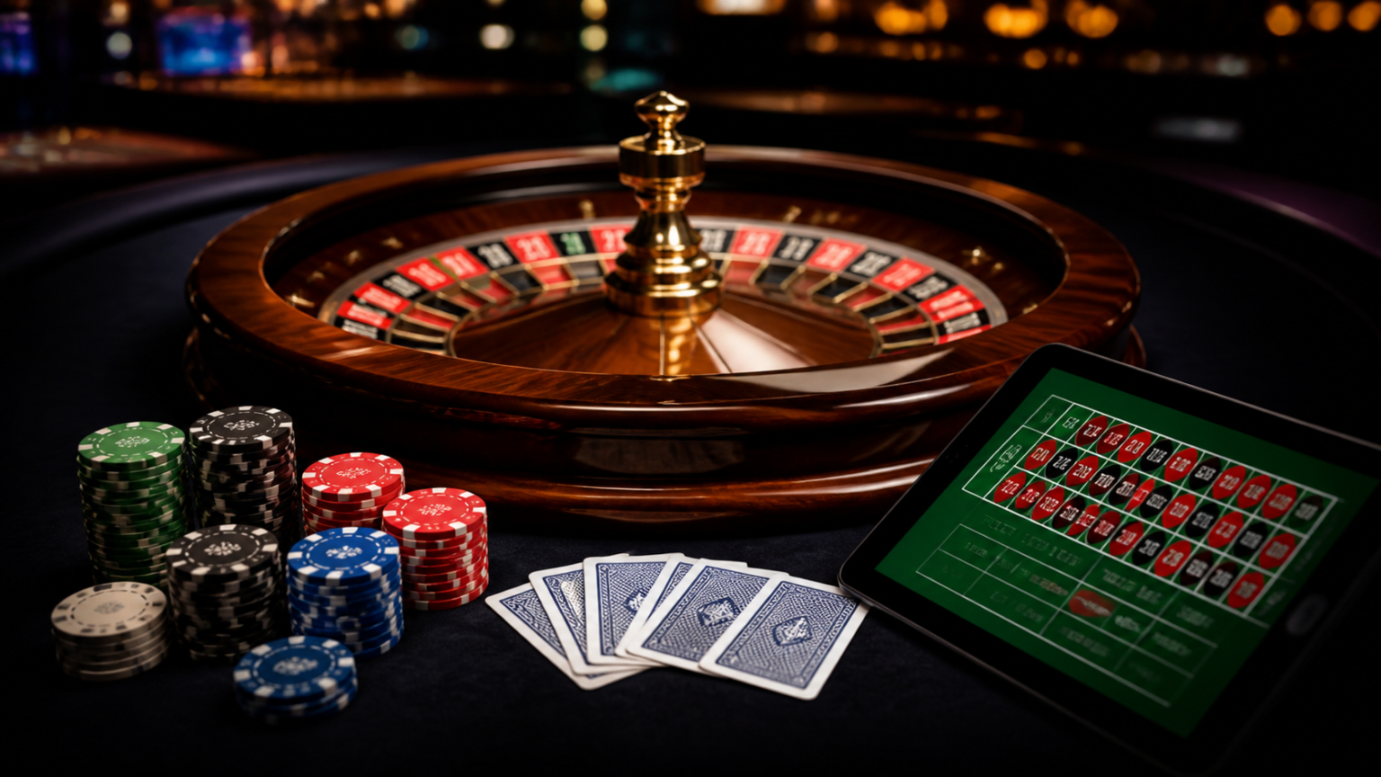 Casino betting screen with chips and roulette wheel