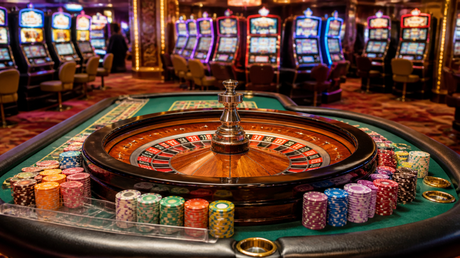 Hướng Dẫn Tìm Hiểu Luật Chơi Cơ Bản Trong Casino Trực Tuyến Casino roulette table with slot machines in the background
