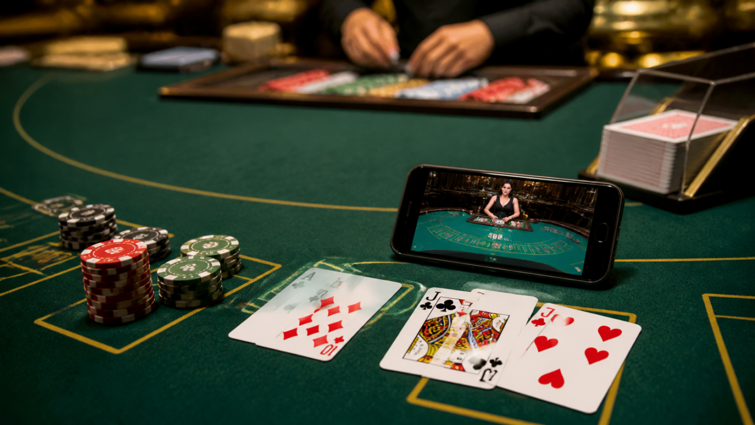 Casino table with chips and smartphone for online betting Singapore