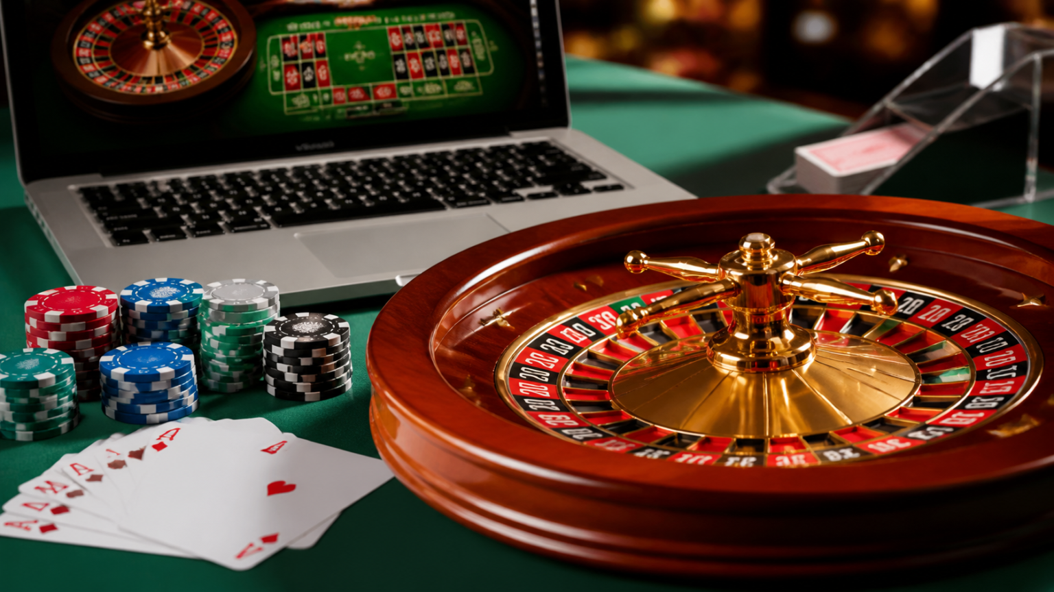 Online Casino Malaysia: A Practical Guide for Players Laptop with online casino interface, cards, chips, and roulette wheel