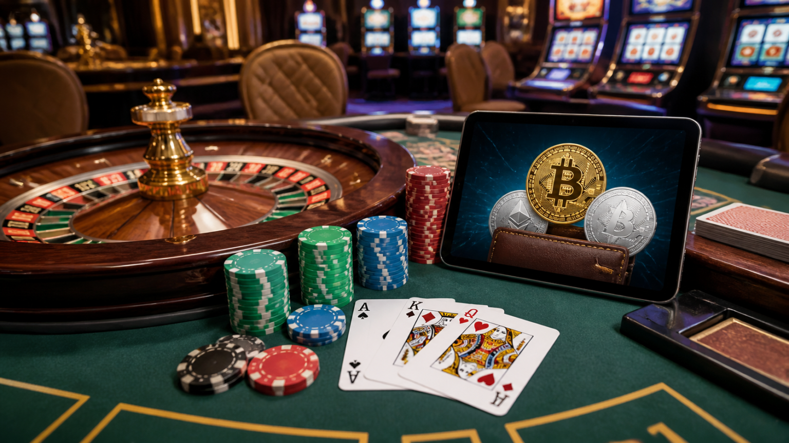 Casino table with cards, roulette wheel, and crypto payment concept